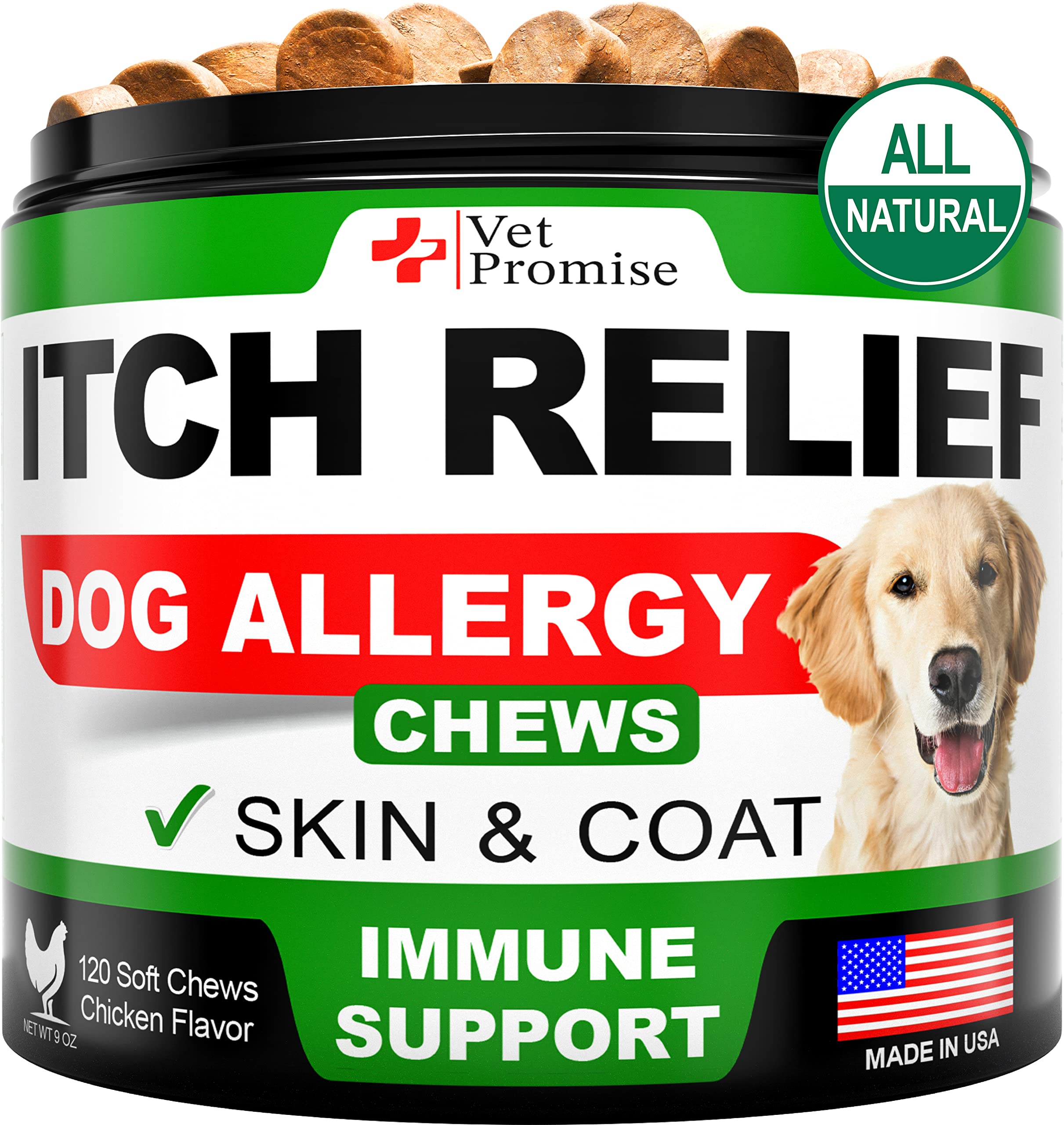 Vet Promise Dog Allergy Chews - Itch Relief for Dogs - Dog Allergy Relief - Anti Itch for Dogs - Dog Itchy Skin - Dog Allergy Support - Hot Spots - Immune Health Supplement - Made in USA - 120 Treats