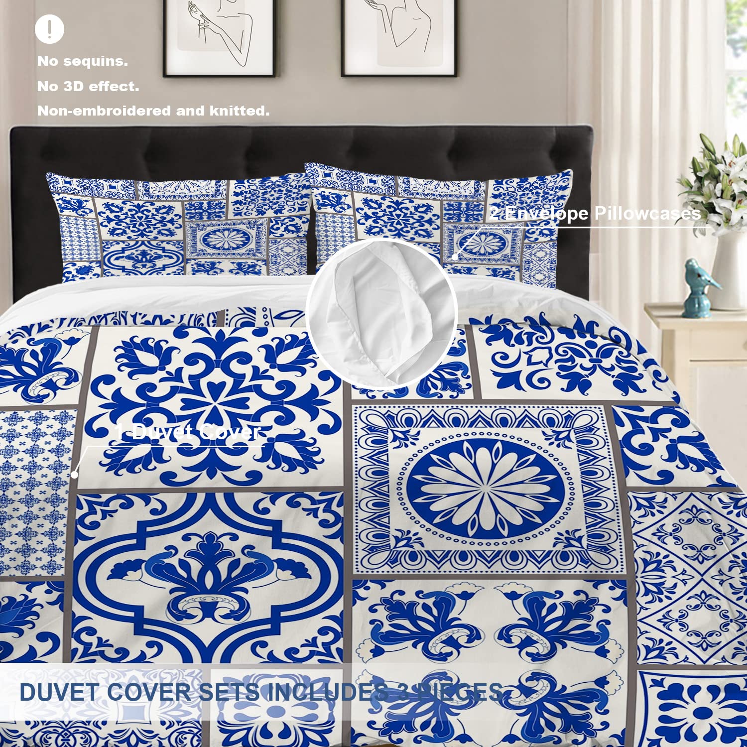 Batmerry Blue and White King Size 3 Pieces Bedding Comforter Cover Sets,Soft Fluffy Abstract Patchwork Mosaic Tiles Pattern Printed Duvet Cover for All Season