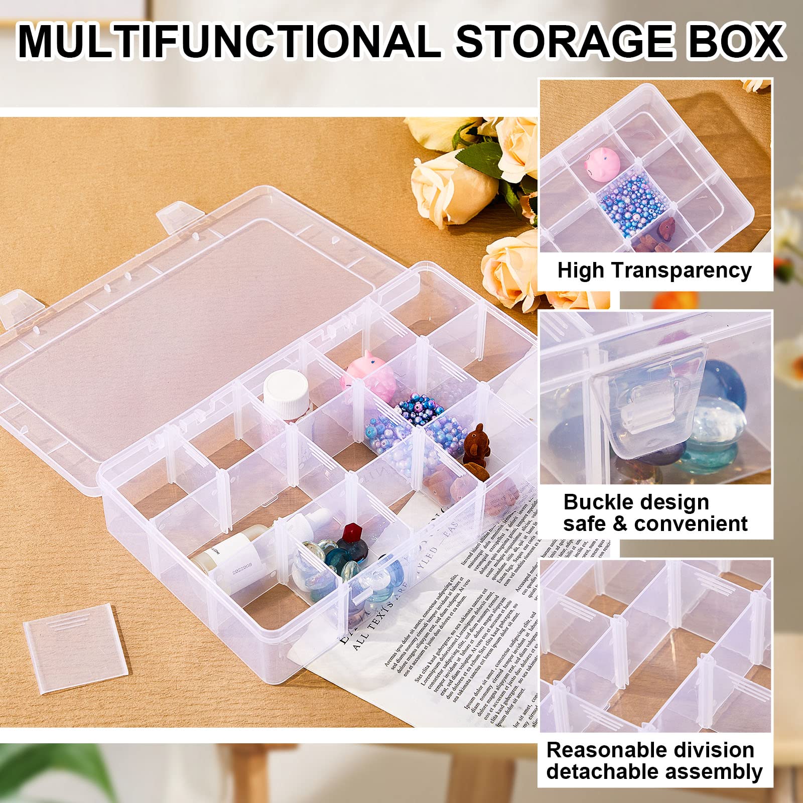 15 Large Grids Storage Container 11 x 6.7 x 2.2in Plastic Washi Tape Organizer Clear Craft Box with Removable Divider Clear Compartment Jewelry Box Organizer for Beads Crafts Fishing Tackles(7 Pcs)