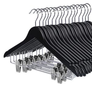 houÍsm wooden suit hangers skirt hangers with clips, 16pack solid wood pants hangers with heavy-duty clips, premium smooth finish black wooden hangers for clothes coat, jeans, blouse