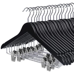 HOUÍSM Wooden Suit Hangers Skirt Hangers with Clips, 16Pack Solid Wood Pants Hangers with Heavy-Duty Clips, Premium Smooth Finish Black Wooden Hangers for Clothes Coat, Jeans, Blouse