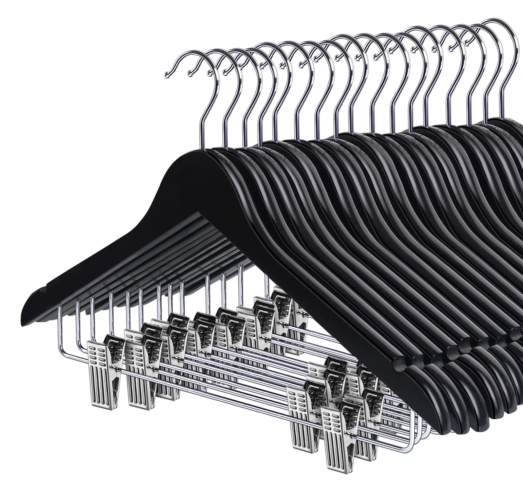 HOUÍSM Wooden Suit Hangers Skirt Hangers with Clips, 16Pack Solid Wood Pants Hangers with Heavy-Duty Clips, Premium Smooth Finish Black Wooden Hangers for Clothes Coat, Jeans, Blouse