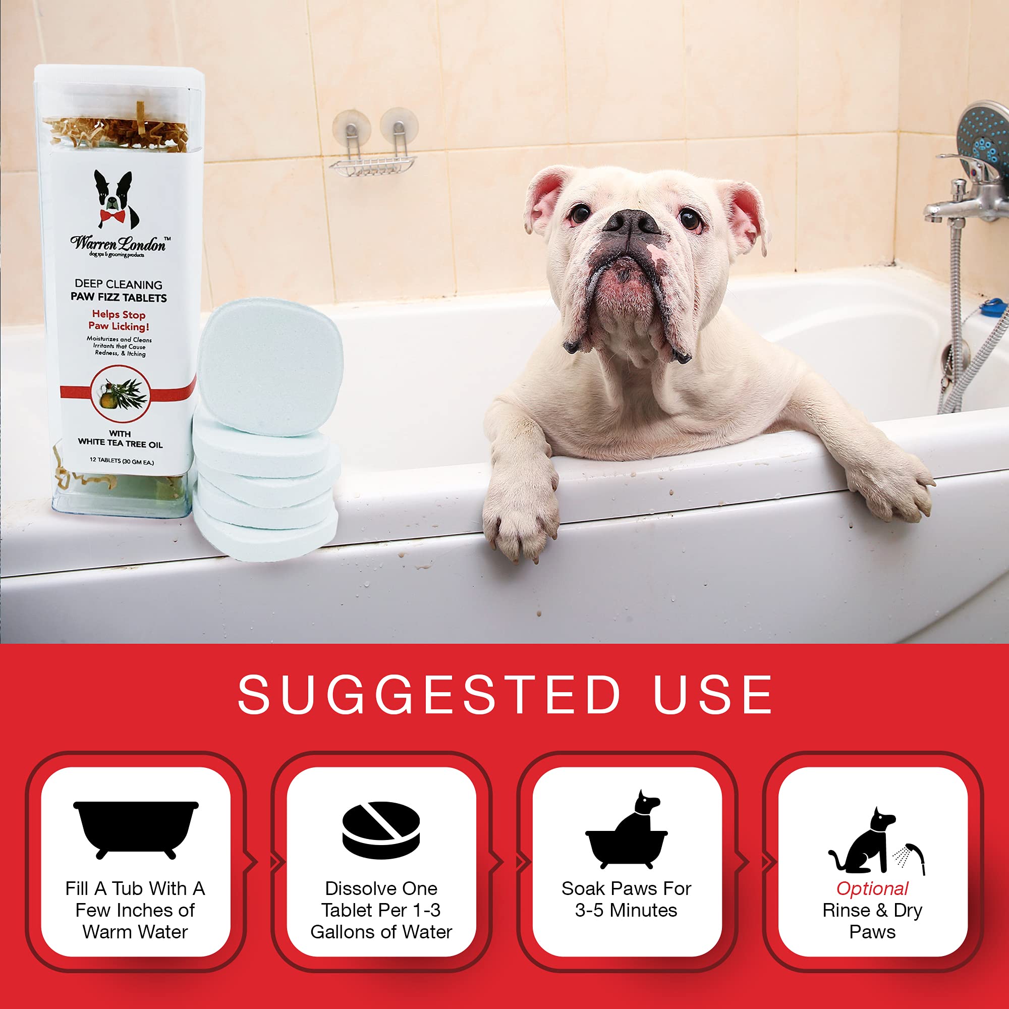 Warren London Deep Cleaning Paw Soak | Soothing Itchy Paw Relief for Dogs with Seaweed, Tea Tree Oil, & Aloe Vera | Anti Licking for Dogs Paws | 5 Minute Paw Spa Service at Home | Tablets & Spray