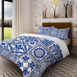 batmerry blue and white king size 3 pieces bedding comforter cover sets,soft fluffy abstract patchwork mosaic tiles pattern printed duvet cover for all season