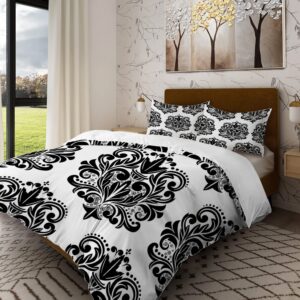 batmerry black white floral king size 3 pieces bedding comforter cover sets,soft fluffy vintage damask beautiful baroque black pattern printed duvet cover for all season