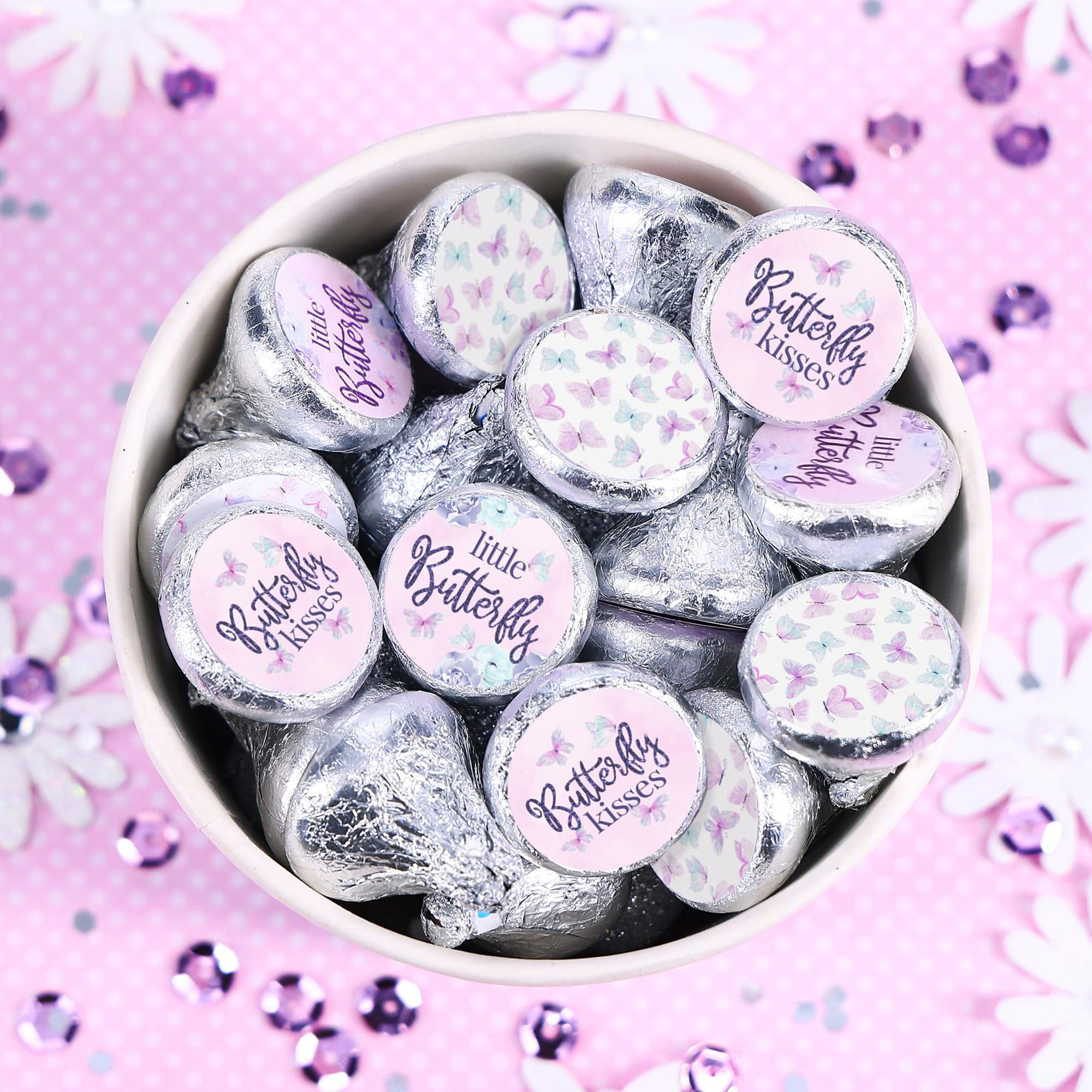 Butterfly Girl Baby Shower Party Favor Stickers, A Little Butterfly is on Her Way - It's a Girl Pink and Purple Chocolate Kisses Candy Labels - 180 Count