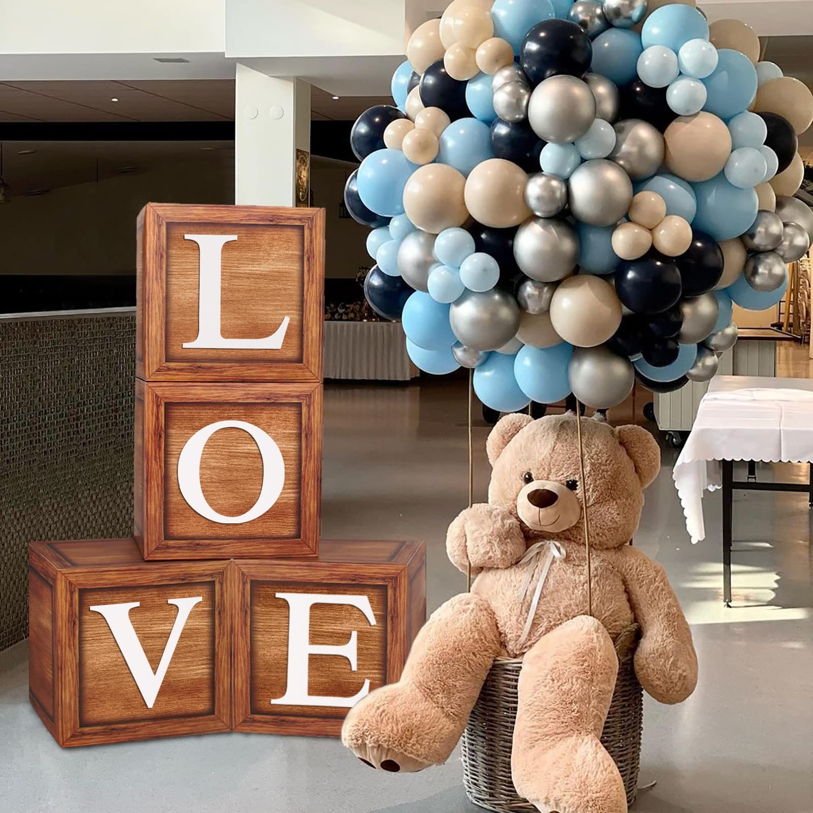 Brown Baby Balloon Boxes with 27 Letters - 4 Pcs Wooden Grain Baby Shower Blocks and A-Z+B Letters Woodland and Teddy Bear Decoration for Baby Shower, Gender Reveal, 1st Birthday Party Backdrop.