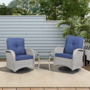 Rilyson Wicker Rocking Chair Swivel Chairs - 3PC Rocker Outdoor Furniture Set Rattan Patio Bisro Set with 2 Swivel Chairs and 1 Glass Top Side Table for Porch Deck(Grey/Blue)