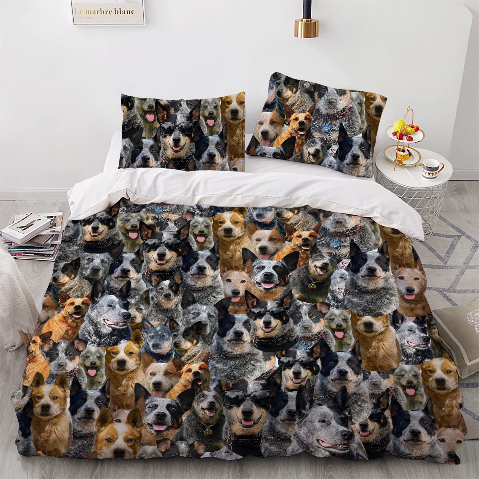 Australian Cattle Dog Lover Duvet Cover Set, Funny Cattle Dog Face 3D Print Quilt Cover, Decorative 3 Piece Bedding Set with 2 Pillow Shams & 1 Comforter Cover, Gift for Cattle Mom/Pet Owner