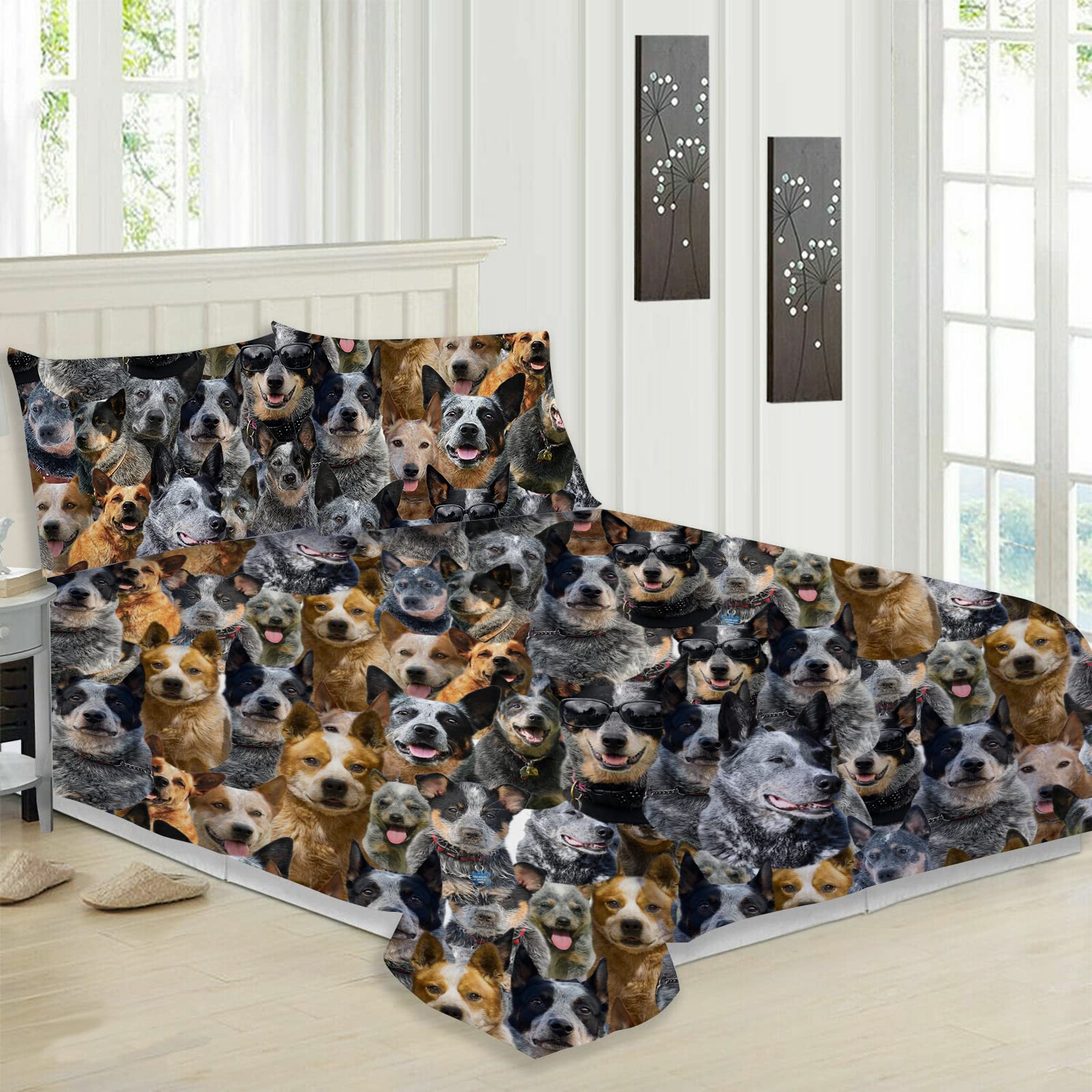 Australian Cattle Dog Lover Duvet Cover Set, Funny Cattle Dog Face 3D Print Quilt Cover, Decorative 3 Piece Bedding Set with 2 Pillow Shams & 1 Comforter Cover, Gift for Cattle Mom/Pet Owner