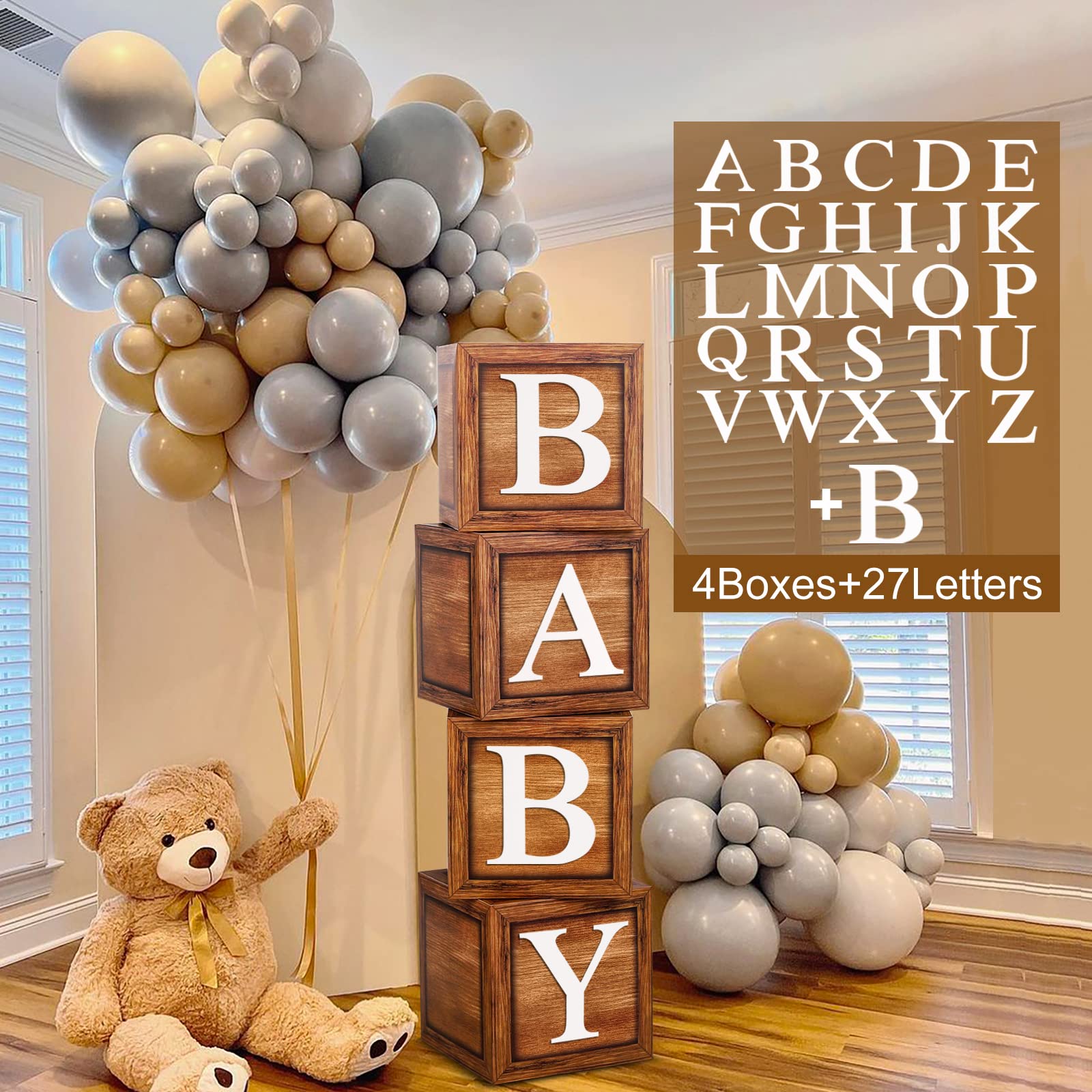 Brown Baby Balloon Boxes with 27 Letters - 4 Pcs Wooden Grain Baby Shower Blocks and A-Z+B Letters Woodland and Teddy Bear Decoration for Baby Shower, Gender Reveal, 1st Birthday Party Backdrop.