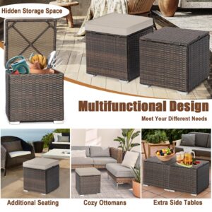 RELAX4LIFE 2-Pieces Outside Rattan Ottomans - Patio Wicker Footstools with Storage Space, Removable Cushions, Multifunctional Hand-Woven Outdoor Side Tables, Additional Seats and Footrest (Beige)