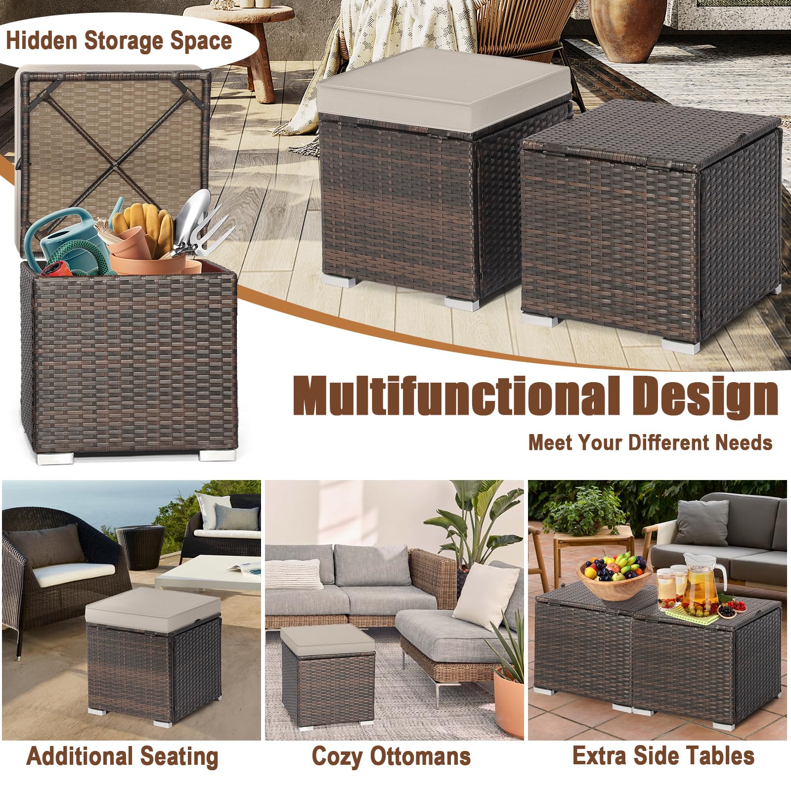 RELAX4LIFE 2-Pieces Outside Rattan Ottomans - Patio Wicker Footstools with Storage Space, Removable Cushions, Multifunctional Hand-Woven Outdoor Side Tables, Additional Seats and Footrest (Beige)