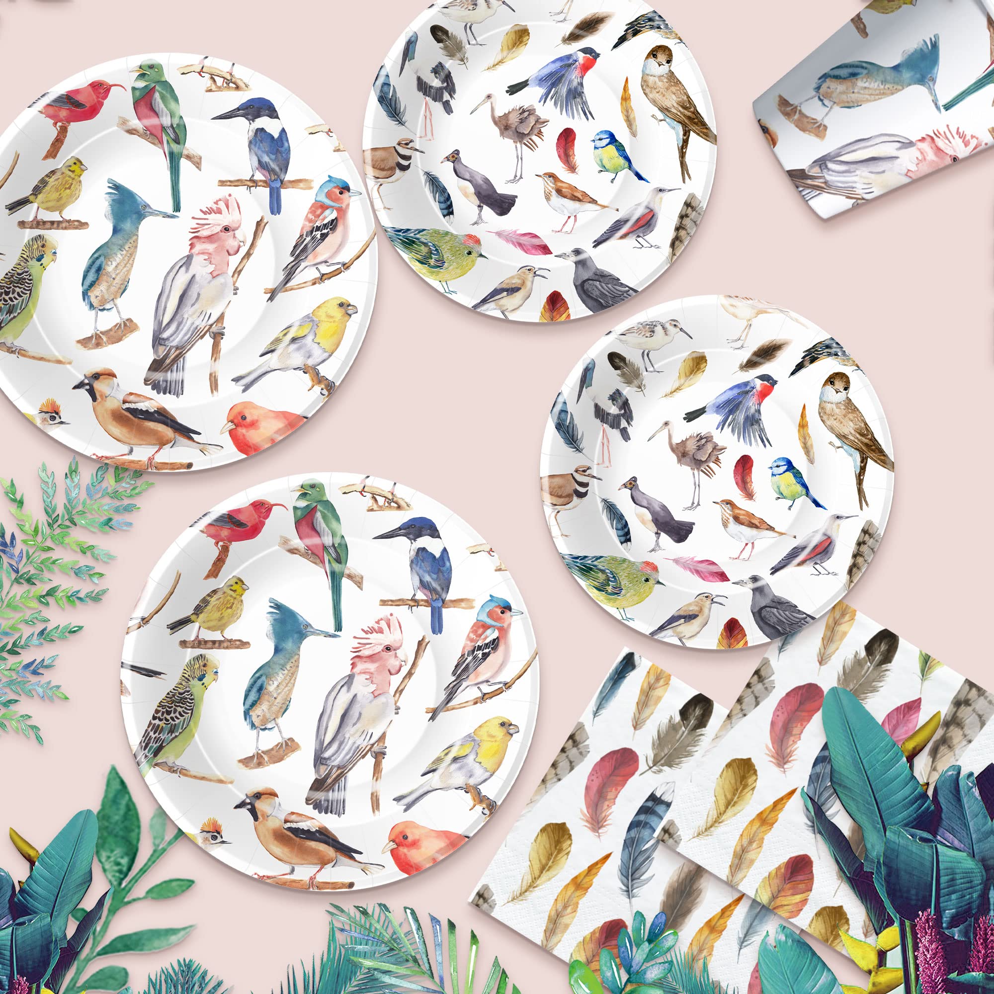 Xigejob Bird Party Tableware Decorations - Bird Plates And Napkins Party Supplies, Plate, Cup, Napkin, Colorful Bird Bridal Baby Shower Birthday Wedding Spring Summer Tea Party Dinnerware | Serve 24