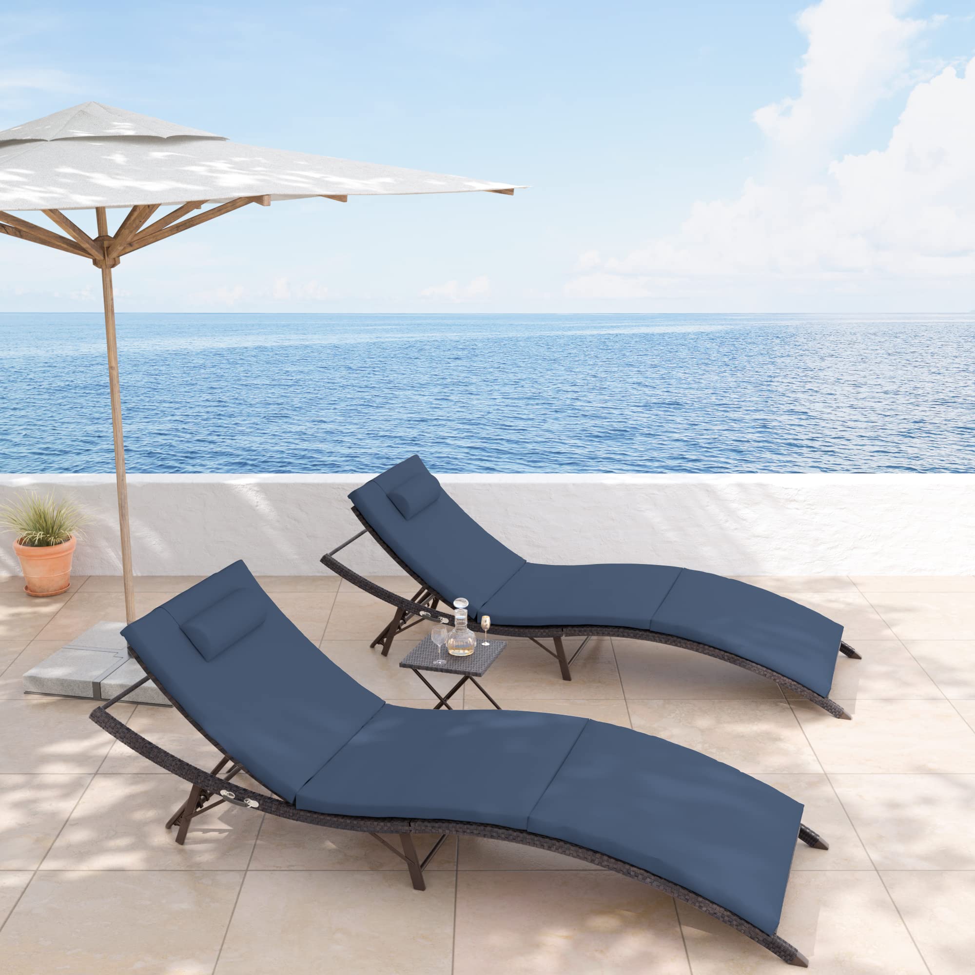 Delnavik Patio Chaise Lounge Set 3 Pieces Outdoor Lounge Chair Outdoor Wicker Lounge Chairs with Table Folding Chaise Lounger for Poolside Backyard Porch, Navy Blue