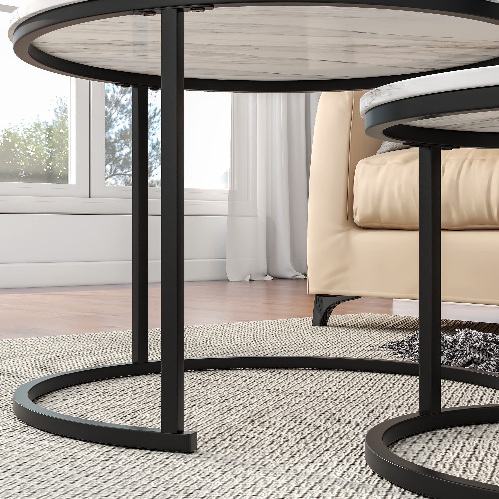 HOJINLINERO Nesting Round Coffee Table Set of 2 End Tables for Living Room,Circular and Marble Coffee Table Wooden Accent Furniture with Metal Frame,Stacking Side Tables,Black