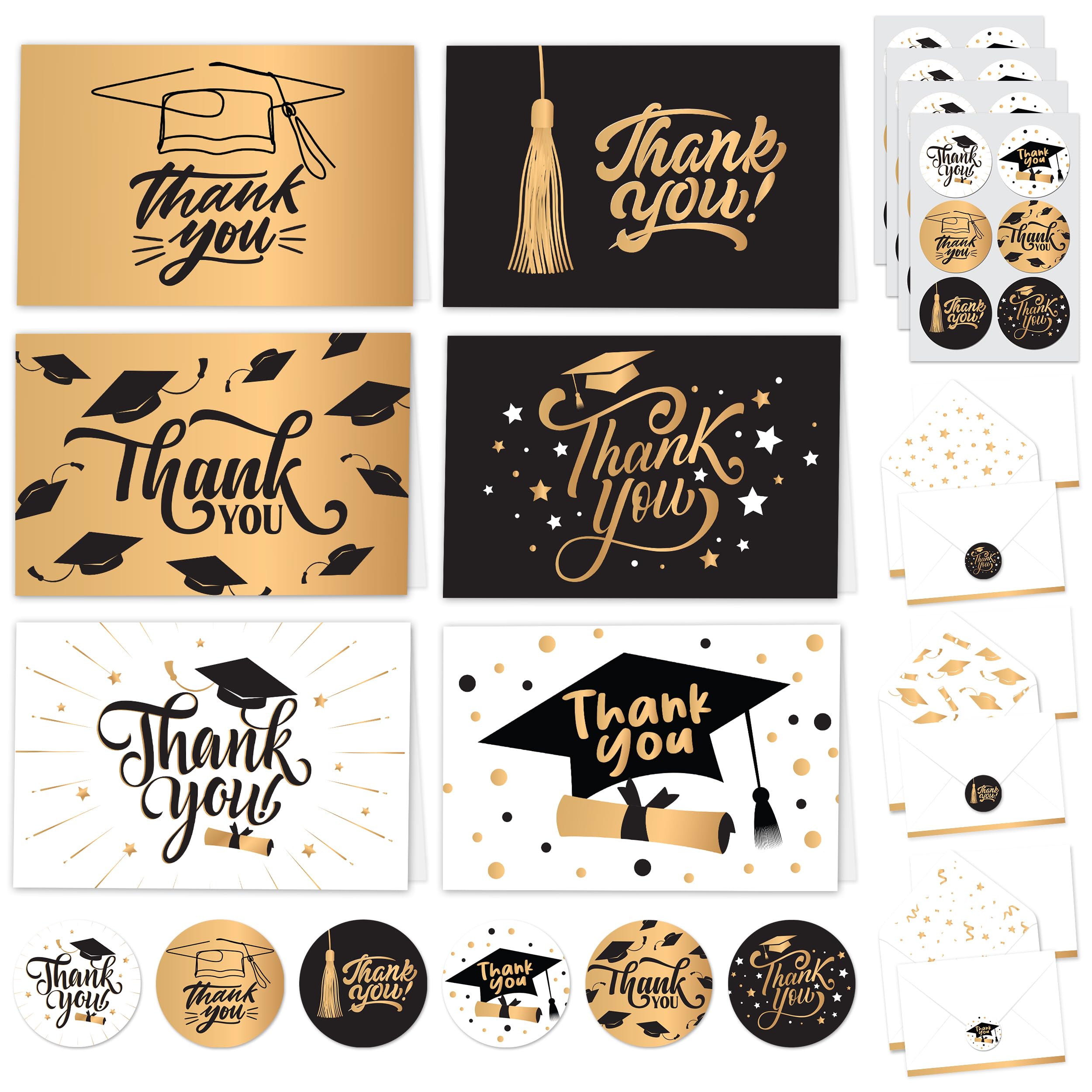 Decorably 24 Pack Gold Foiled Graduation Thank You Cards with Envelopes & Stickers - Blank Inside Thank You Cards Graduation, 6x4 Thank You Cards with Envelopes Graduation, Graduation Thank You Notes