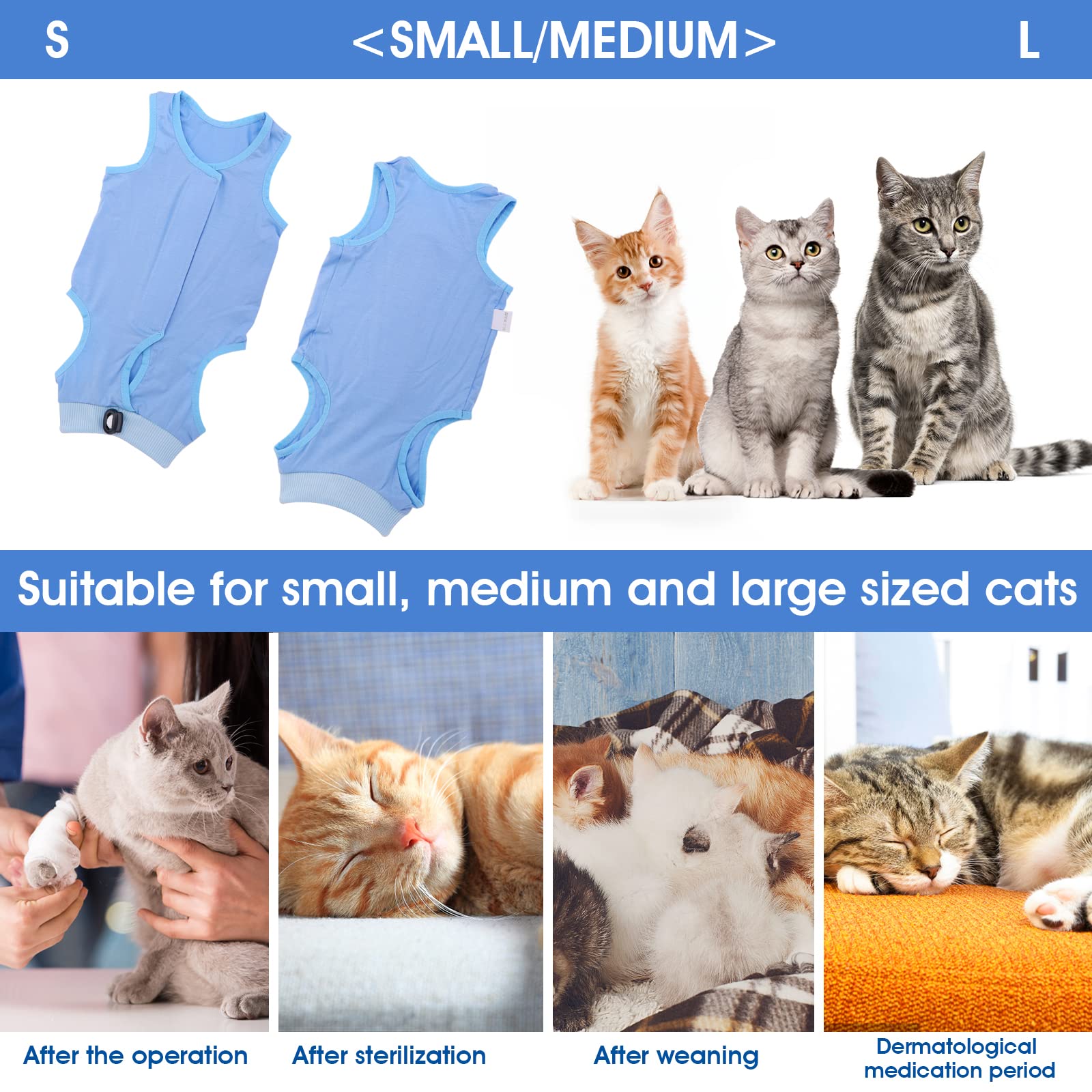 Molain Cat Professional Recovery Suit for Abdominal Wounds or Skin Diseases, After Surgery E-Collar Alternative for Cats Anti Licking Pajama Suit Kittens Surgery Recovery Suit (Blue, M Size)