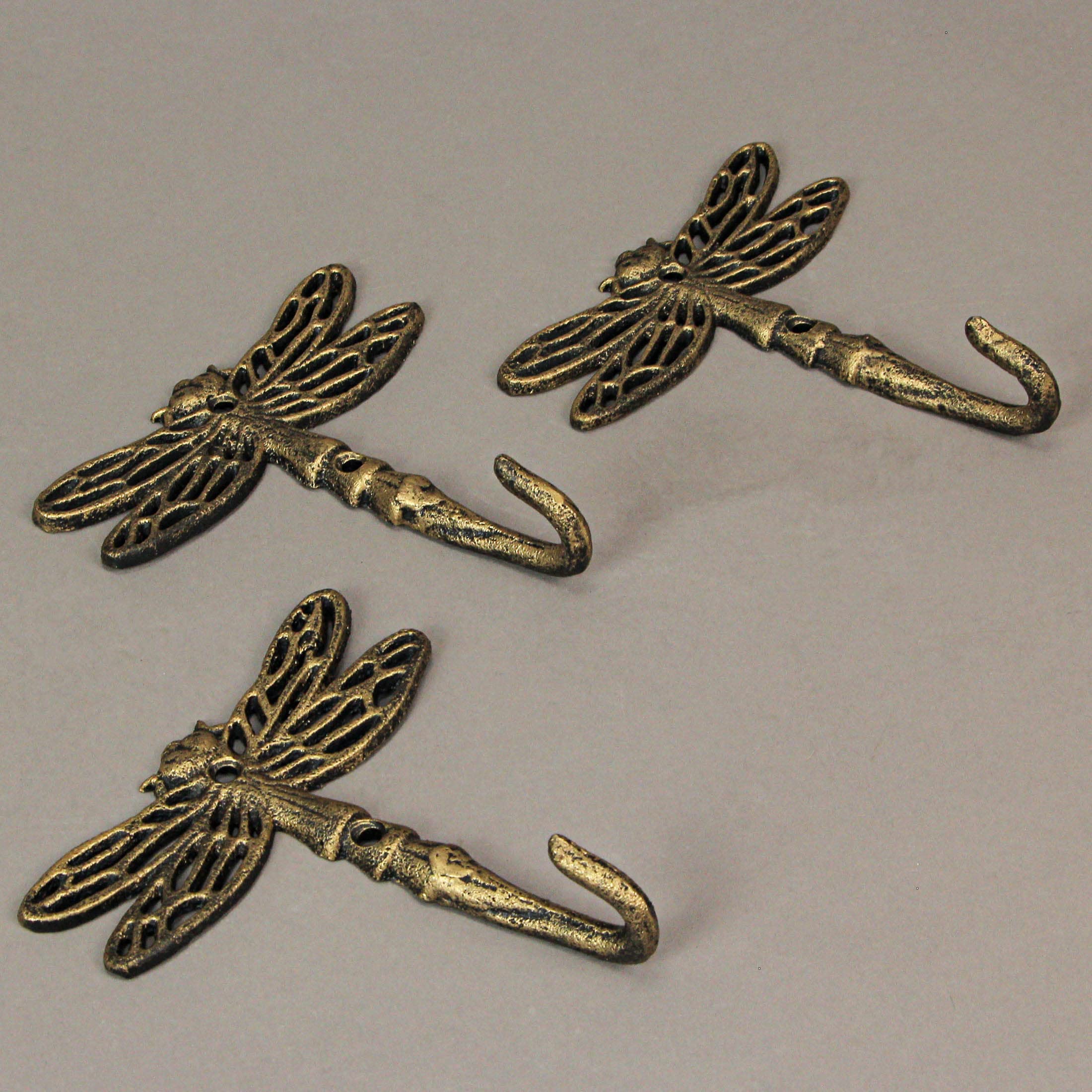 Zeckos Set of 3 Cast Iron Dragonfly Wall Hooks - Antique Gold Finish, Easy Install - Nature-Inspired Decorative Hooks for a Whimsical Touch in Your Decor Space