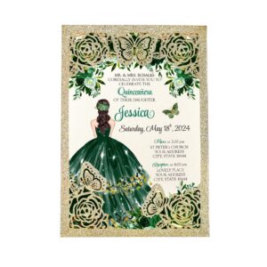 doris home 50pcs butterfly quinceanera invitation emerald green for 15 year, sweet 16, miss xv, birthday laser cut quince invitation cards personalized glitter gold