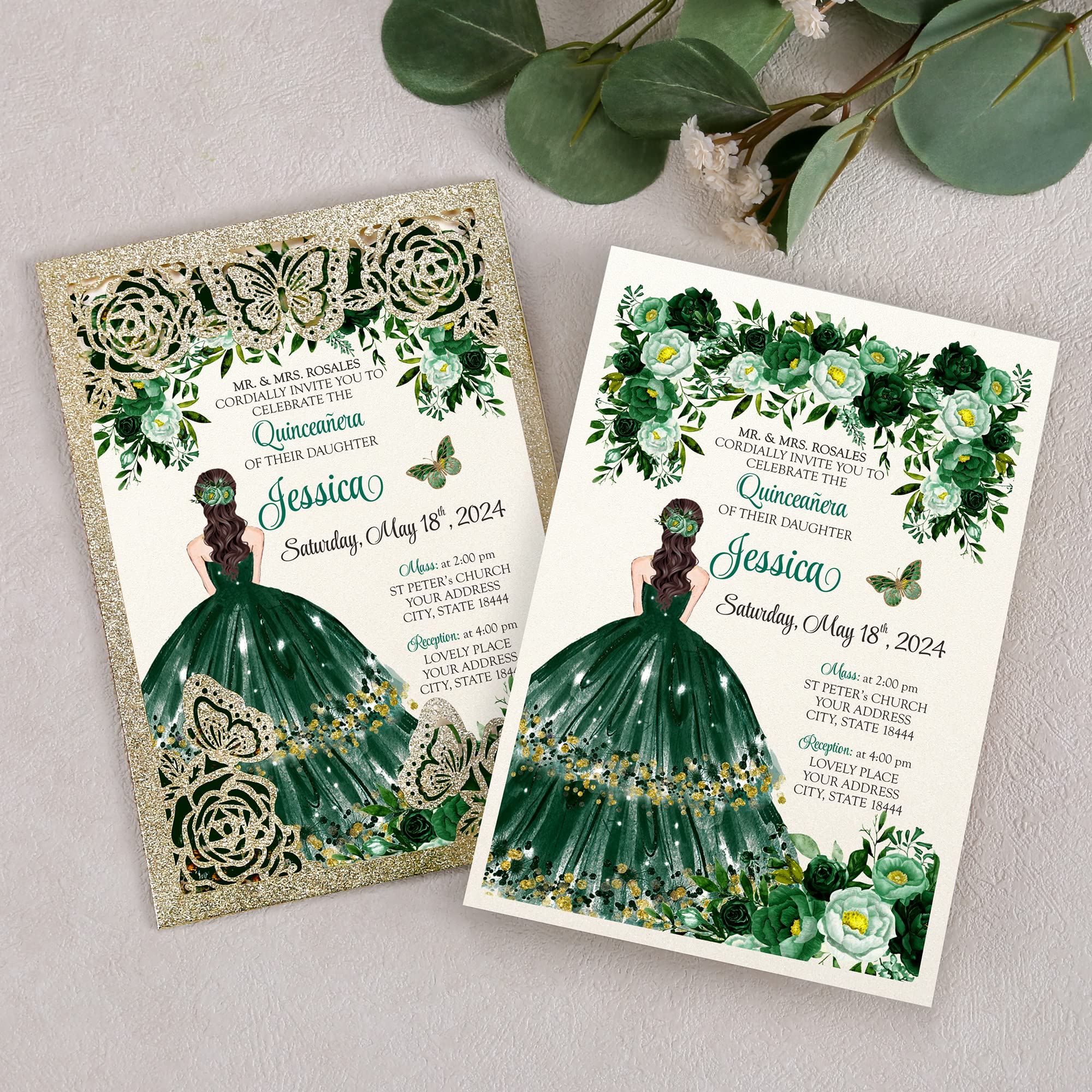 DORIS HOME 50Pcs Butterfly Quinceanera Invitation Emerald Green for 15 year, Sweet 16, Miss XV, Birthday Laser Cut Quince Invitation Cards Personalized Glitter Gold