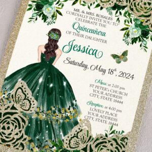 DORIS HOME 50Pcs Butterfly Quinceanera Invitation Emerald Green for 15 year, Sweet 16, Miss XV, Birthday Laser Cut Quince Invitation Cards Personalized Glitter Gold