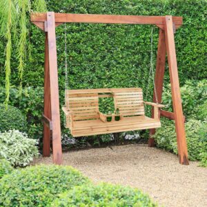 Giantex Outdoor Hanging Porch Swing - 2-Seat Wood Swing Bench with Folding Cup Holder and Sturdy Metal Hanging Chains, Outside Patio Swing Chair for Garden, Backyard, Poolside, Natural