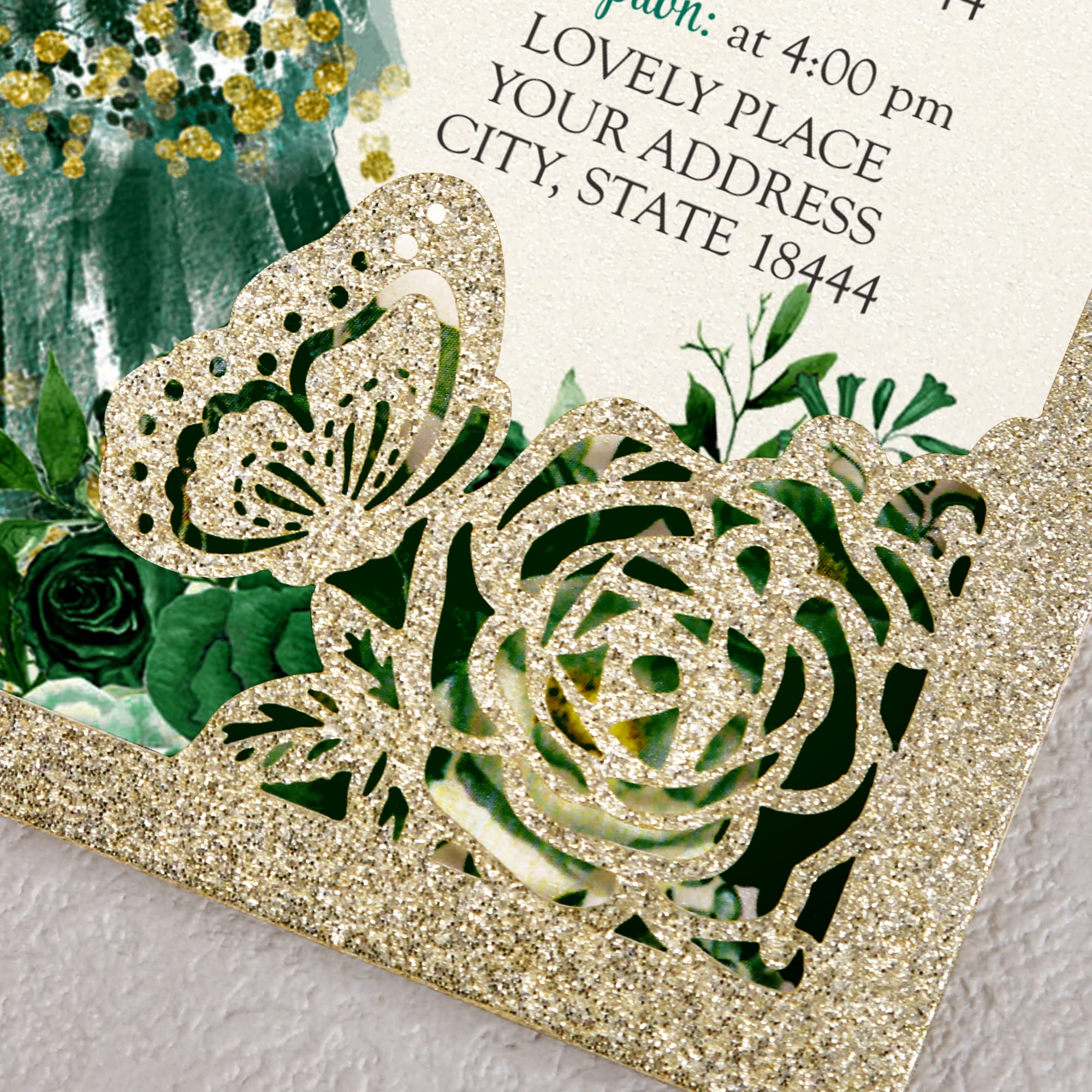 DORIS HOME 50Pcs Butterfly Quinceanera Invitation Emerald Green for 15 year, Sweet 16, Miss XV, Birthday Laser Cut Quince Invitation Cards Personalized Glitter Gold