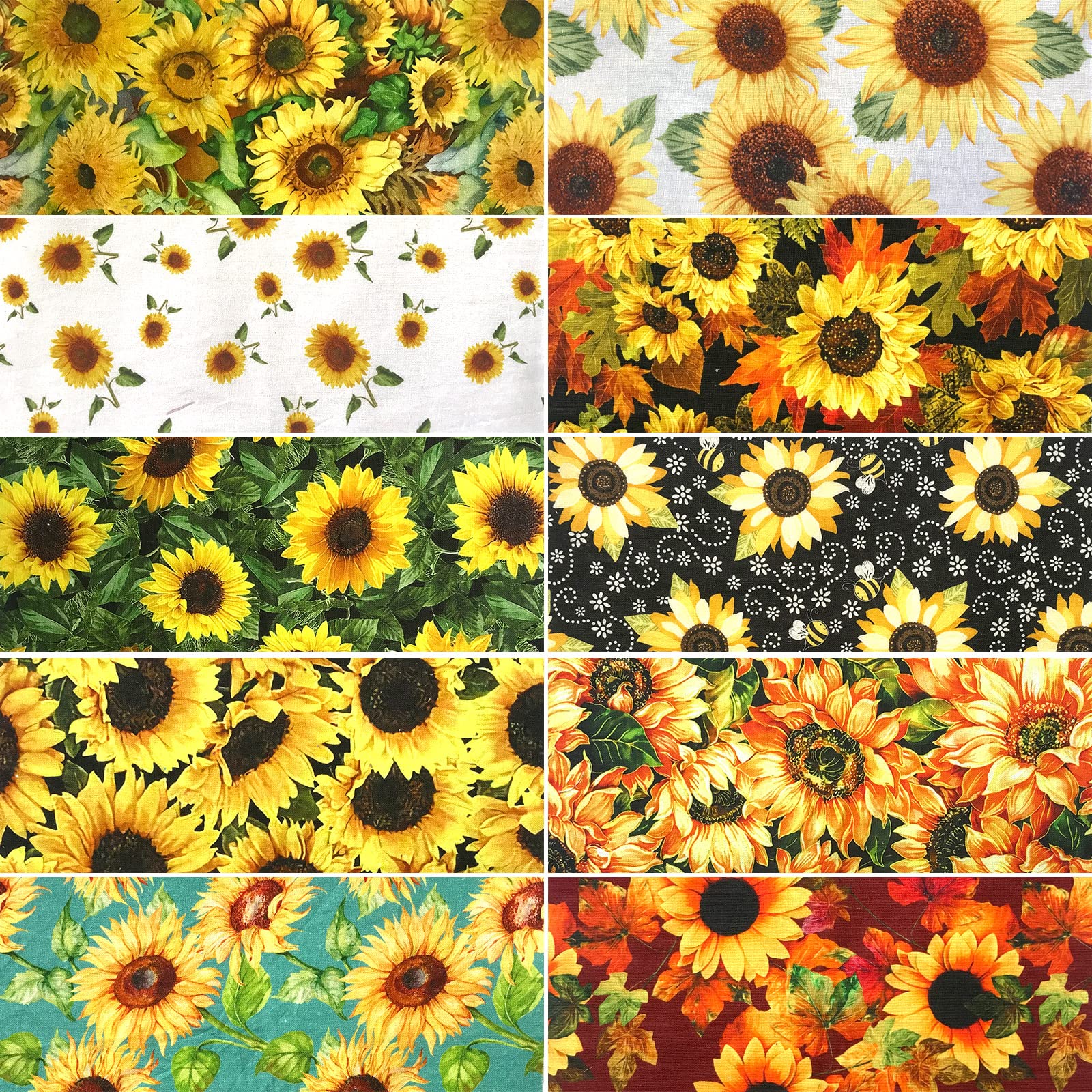 Mililanyo 10Pcs 25 x 25cm Sunflower Cotton Fabric Patchwork Printed Patterns Quilting Fabric Sewing Patchwork Precut Fabric for DIY Artcraft