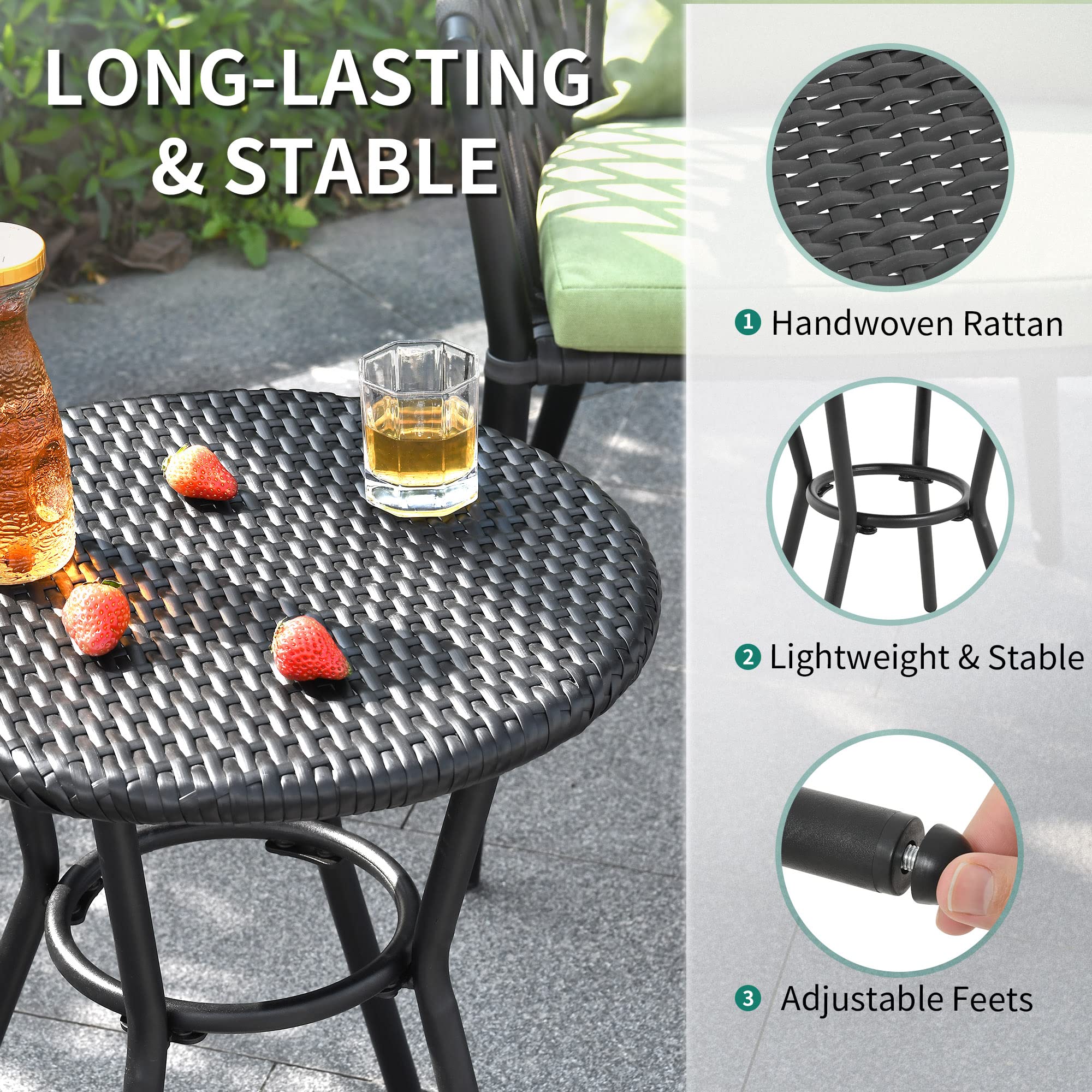 YITAHOME Outdoor Wicker Coffee Table, All-Weather PE Rattan Round Side Table with Tempered & Wicker Top, Patio Furniture for Garden Backyard Porch - Black