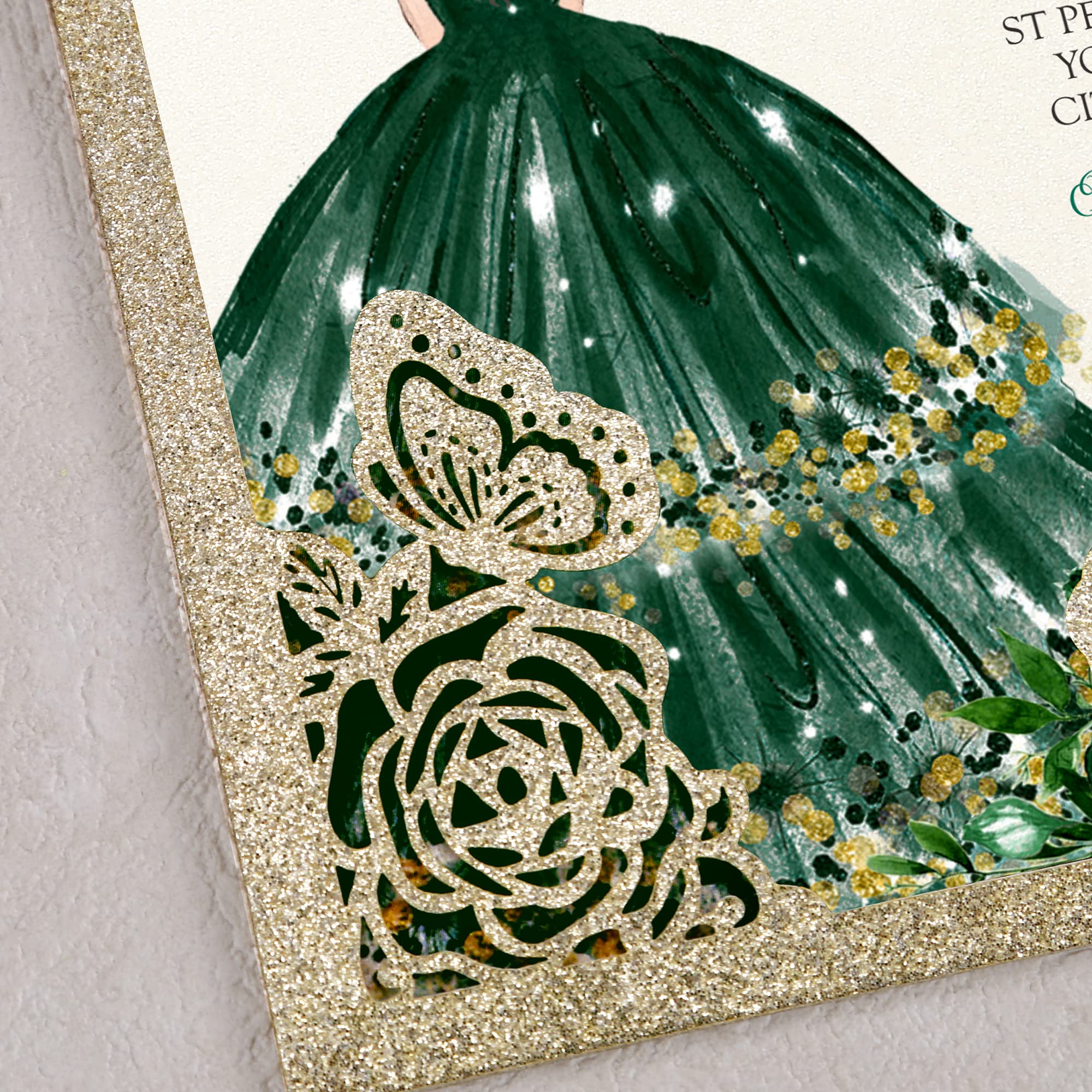 DORIS HOME 50Pcs Butterfly Quinceanera Invitation Emerald Green for 15 year, Sweet 16, Miss XV, Birthday Laser Cut Quince Invitation Cards Personalized Glitter Gold