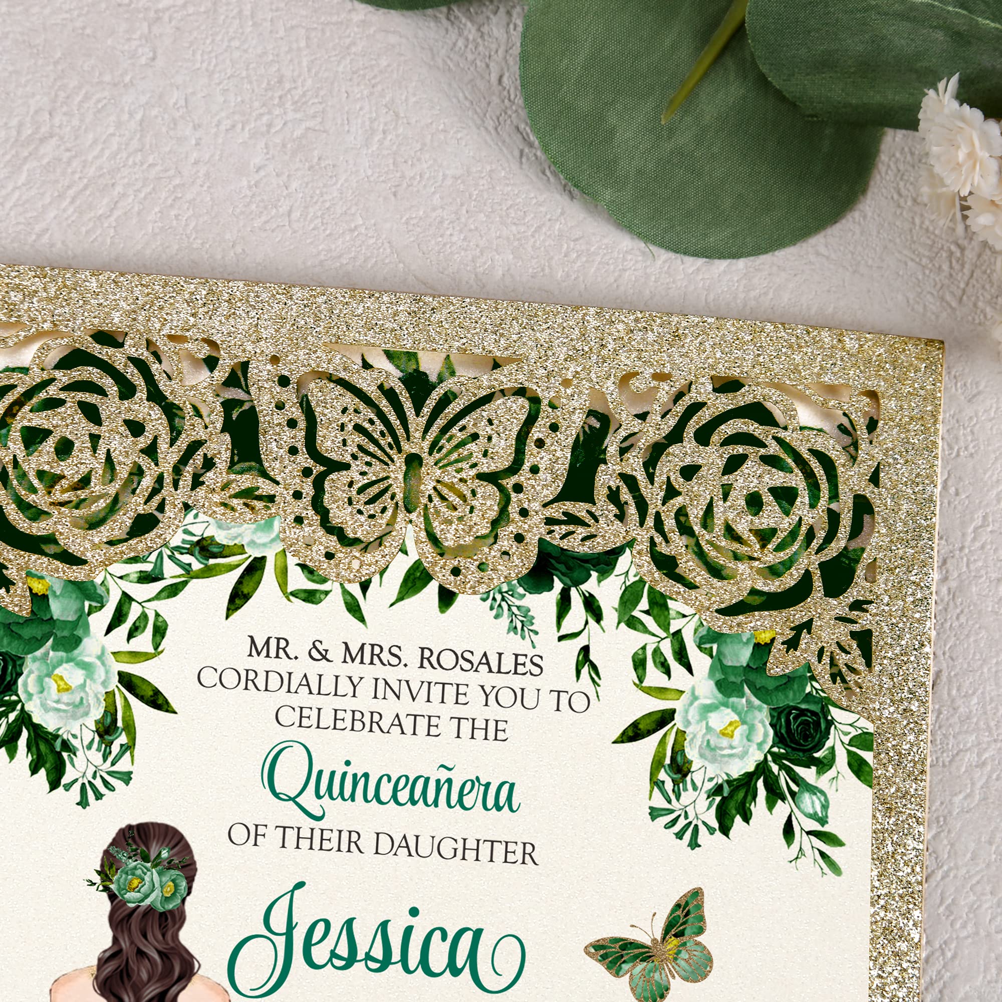 DORIS HOME 50Pcs Butterfly Quinceanera Invitation Emerald Green for 15 year, Sweet 16, Miss XV, Birthday Laser Cut Quince Invitation Cards Personalized Glitter Gold