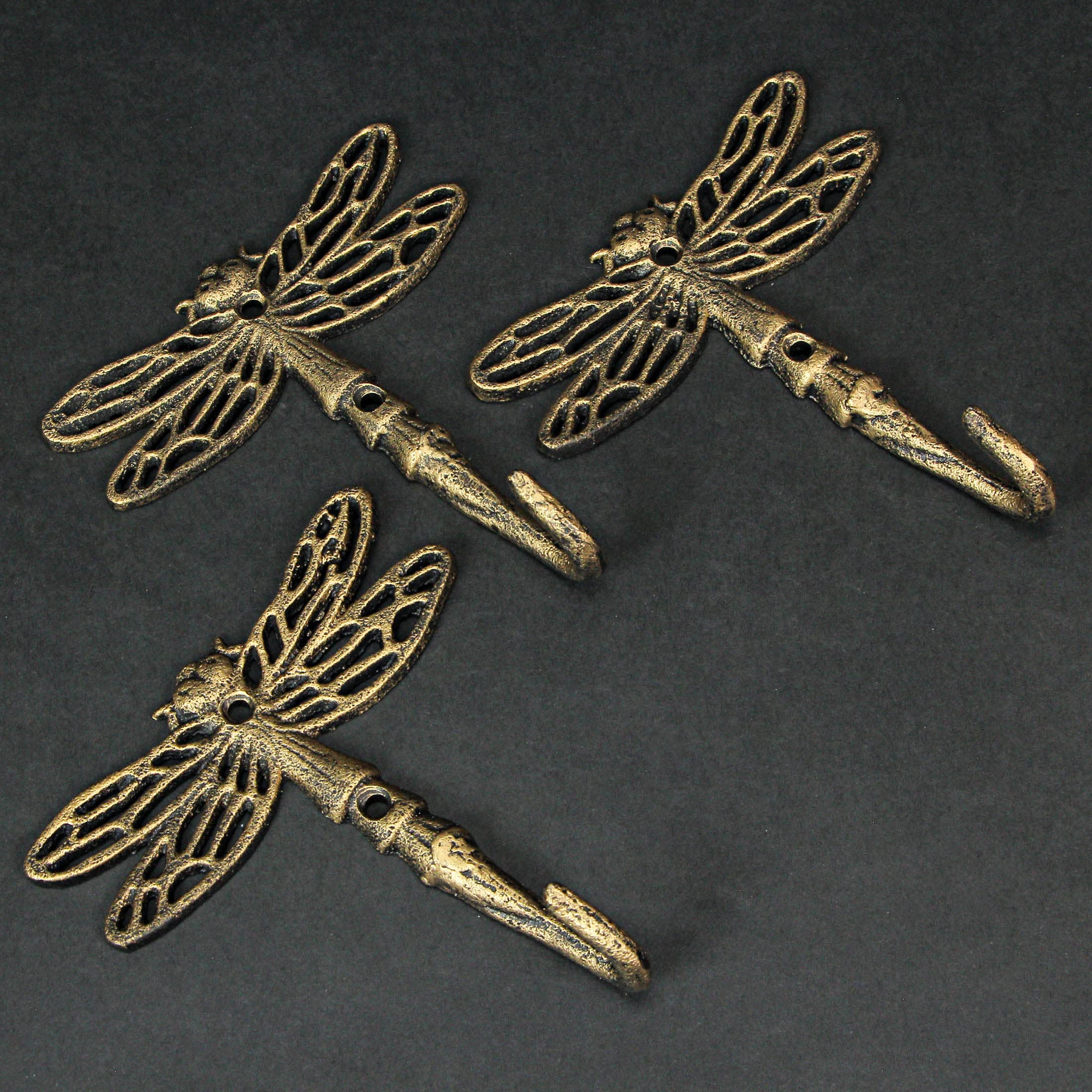 Zeckos Set of 3 Cast Iron Dragonfly Wall Hooks - Antique Gold Finish, Easy Install - Nature-Inspired Decorative Hooks for a Whimsical Touch in Your Decor Space