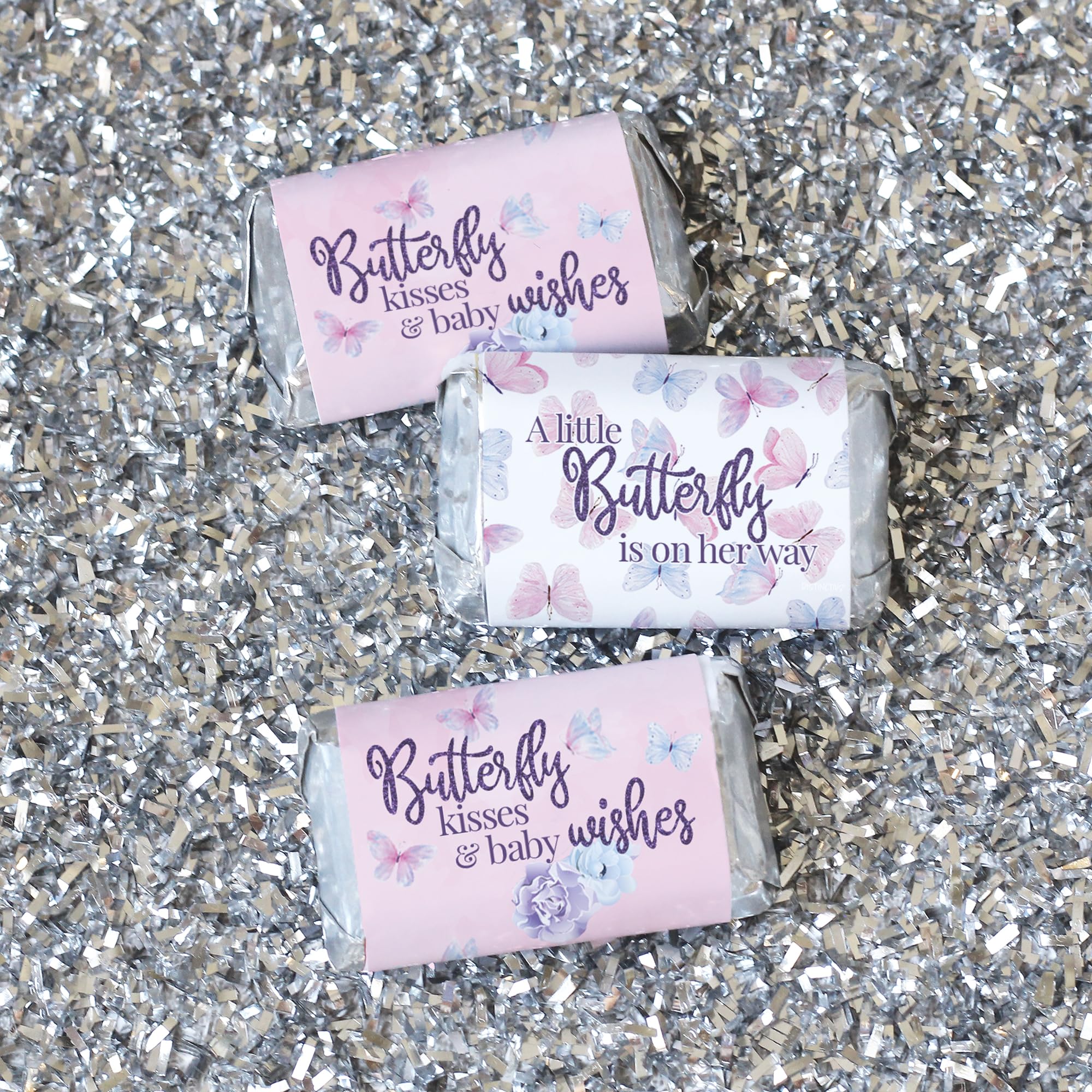 Butterfly Girl Baby Shower Mini Chocolate Candy Bar Wrappers, A Little Butterfly is on Her Way, It's a Girl Pink and Purple Party Favor Stickers - 45 Labels