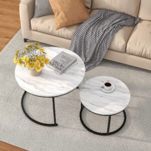 HOJINLINERO Nesting Round Coffee Table Set of 2 End Tables for Living Room,Circular and Marble Coffee Table Wooden Accent Furniture with Metal Frame,Stacking Side Tables,Black