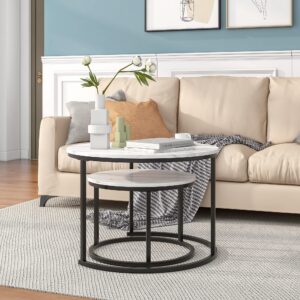 HOJINLINERO Nesting Round Coffee Table Set of 2 End Tables for Living Room,Circular and Marble Coffee Table Wooden Accent Furniture with Metal Frame,Stacking Side Tables,Black