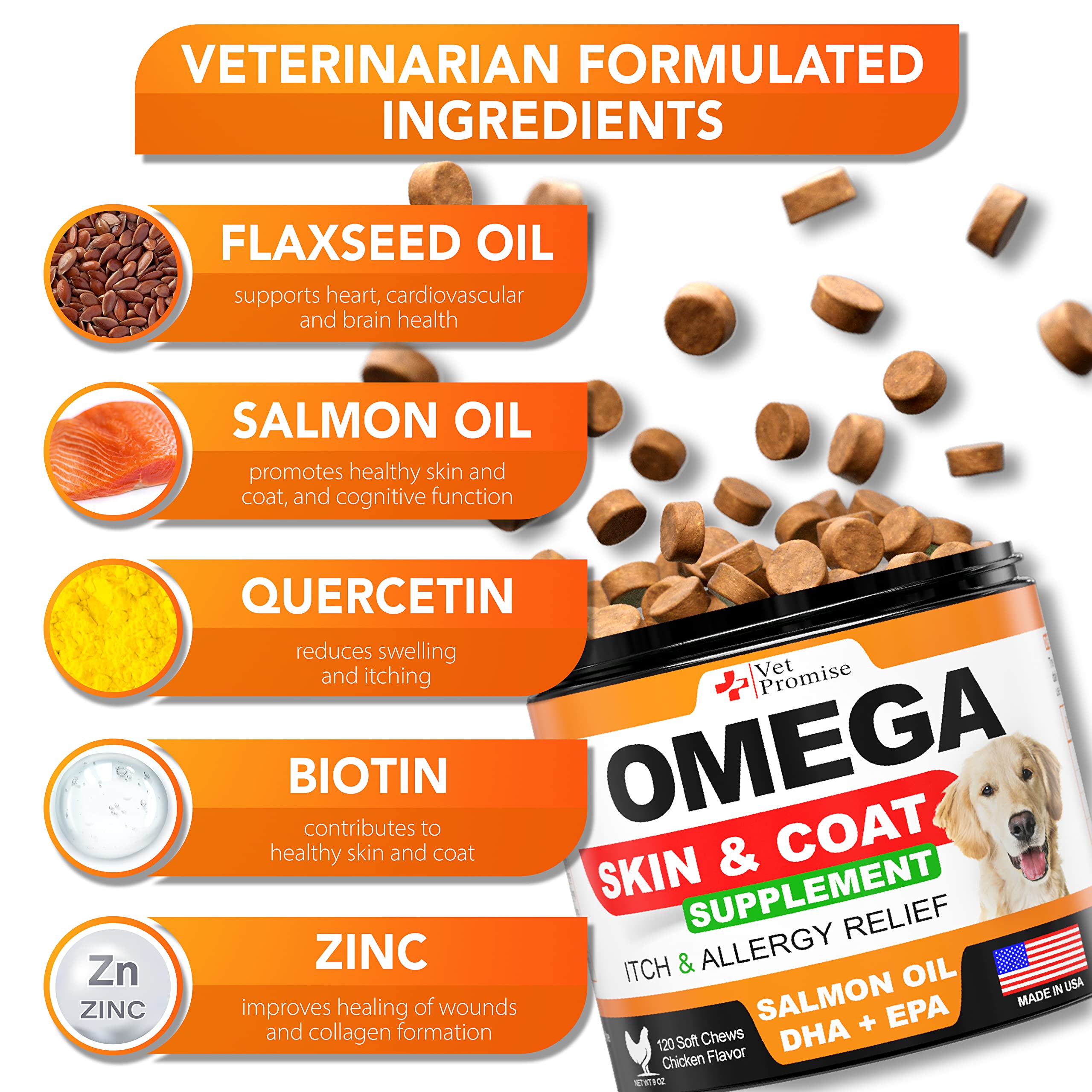 Omega 3 for Dogs - Dog Skin and Coat Supplement - Fish Oil for Dogs Chews - Allergy and Dog Itch Relief - Dog Anti Shedding Supplement - Dog Dry Skin Treatment - Salmon Oil - Made in USA - 120 Treats