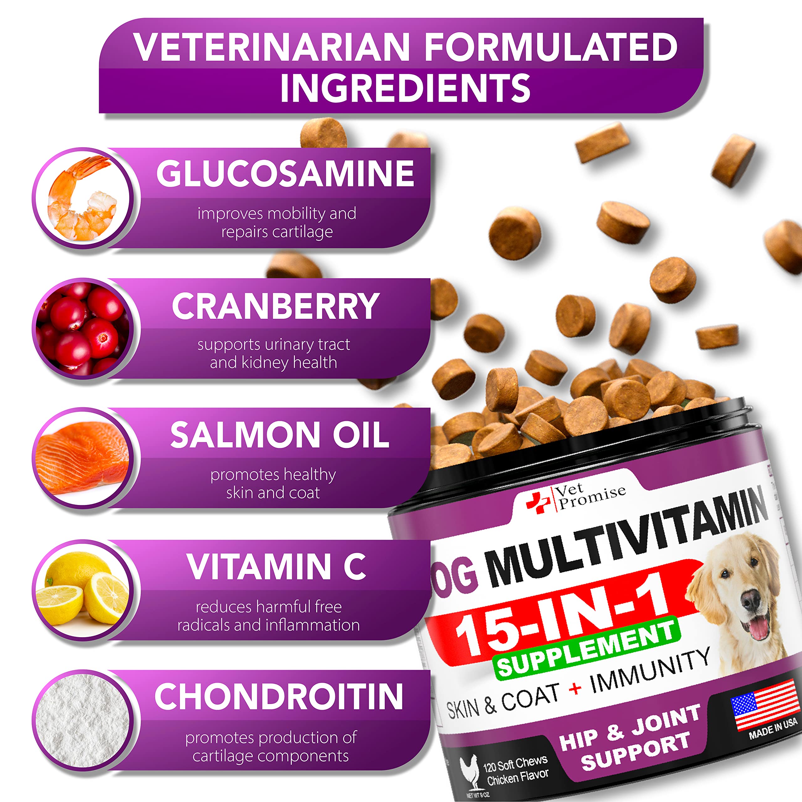 Dog Multivitamin Chewable with Glucosamine - Dog Vitamins and Supplements - Senior & Puppy Multivitamin for Dogs - Pet Joint Support Health - Immunity - Mobility - Energy - Gut - Skin - 120 Chews