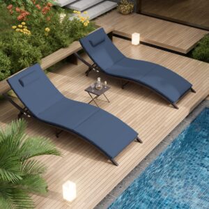 delnavik patio chaise lounge set 3 pieces outdoor lounge chair outdoor wicker lounge chairs with table folding chaise lounger for poolside backyard porch, navy blue