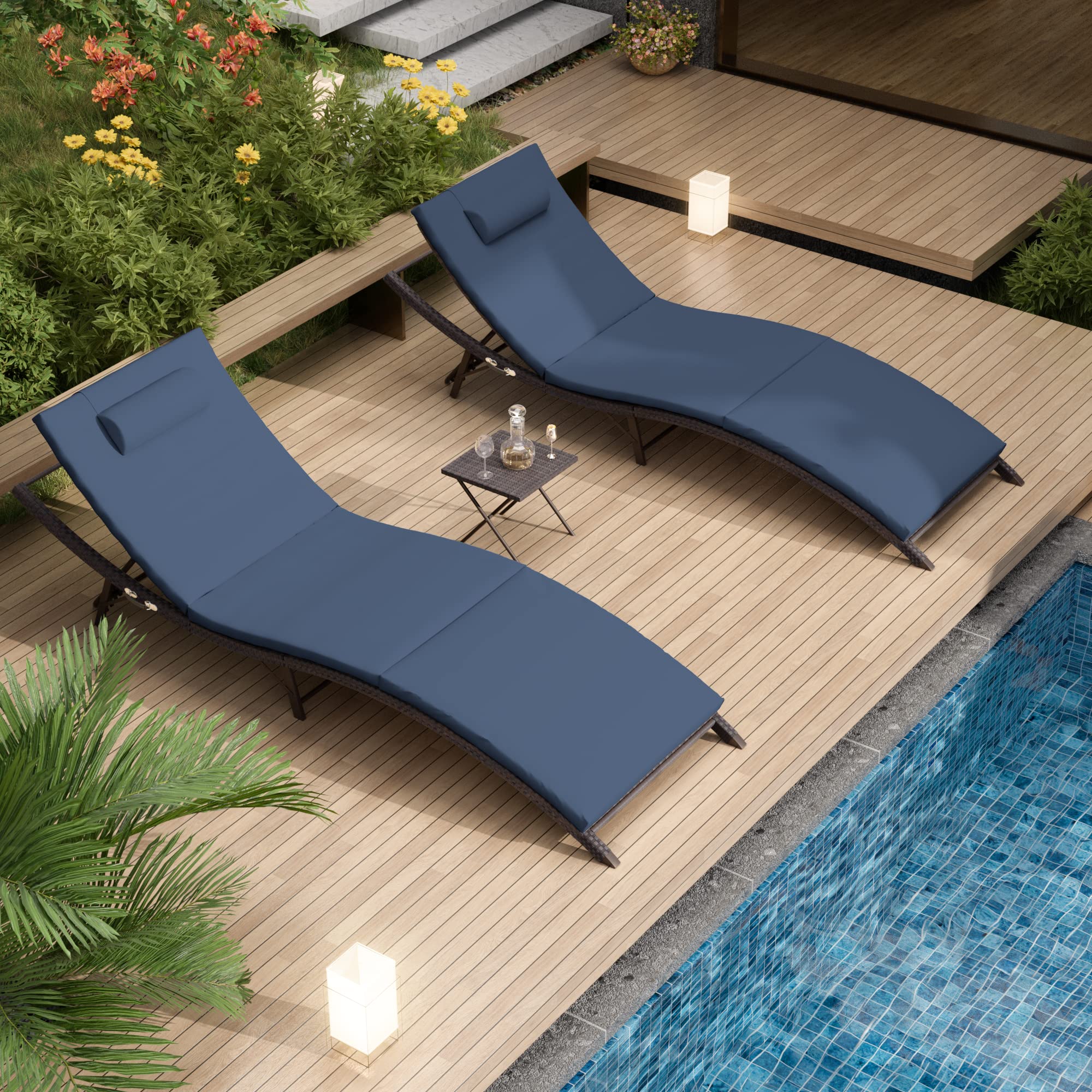 Delnavik Patio Chaise Lounge Set 3 Pieces Outdoor Lounge Chair Outdoor Wicker Lounge Chairs with Table Folding Chaise Lounger for Poolside Backyard Porch, Navy Blue