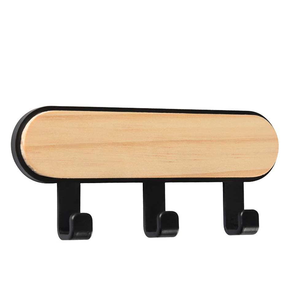 Wooden Wall Hook, Self Adhesive Key Holder Decorative Storage Rack Creative Hanger, Wall Mounted Clothes Hook Bathroom Supplies(3 Hooks,Black)