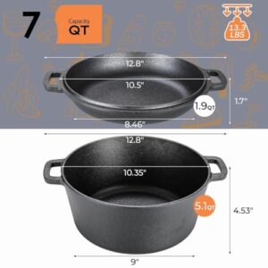 TLGREEN Cast Iron Dutch Oven Pot with Lid,Cast Iron Pot (5.1QT) and Cast Iron Lid as a Skillet(1.9QT) - Dutch Oven Cast Iron with Silicone Holders, Iron Stand, for Oven, Stove, Grill，Campfire