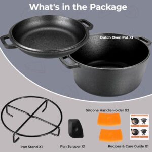 TLGREEN Cast Iron Dutch Oven Pot with Lid,Cast Iron Pot (5.1QT) and Cast Iron Lid as a Skillet(1.9QT) - Dutch Oven Cast Iron with Silicone Holders, Iron Stand, for Oven, Stove, Grill，Campfire