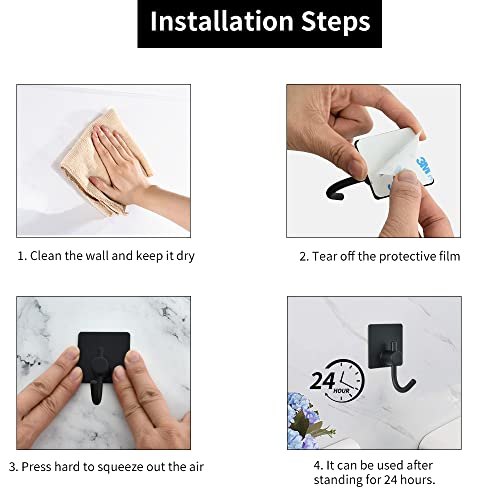 Adhesive Wall Hooks, Matte Black Stainless Steel Coat Hook, Heavy Duty Waterproof Towel Hooks for Hanging, Self-Adhesive Robe Shower Hooks, Bedroom Bathroom Kitchen Wall Mount Hooks - 8 Pack