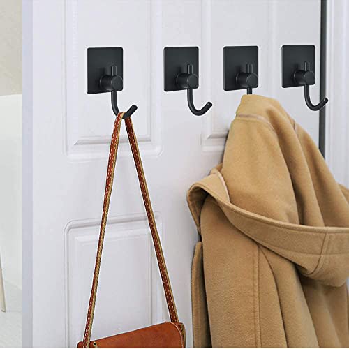 Adhesive Wall Hooks, Matte Black Stainless Steel Coat Hook, Heavy Duty Waterproof Towel Hooks for Hanging, Self-Adhesive Robe Shower Hooks, Bedroom Bathroom Kitchen Wall Mount Hooks - 8 Pack