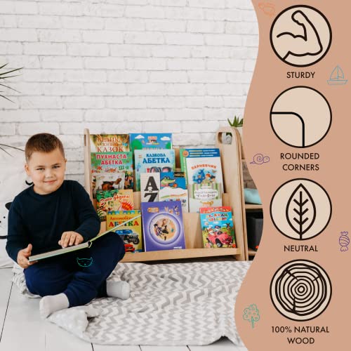 Goodevas Wooden Book Shelf Organizer & Toy Storage for Kids - Wood Book Case & Toy Stand Bookcase for Toddler Room - Montessori Display Stand Bookshelf for Children Made in Ukraine