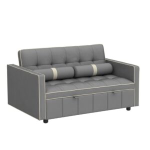 Convertible Sofa Bed,55"Sleeper Bed Modern Velvet Loveseat Futon Sofa Couch with Adjsutable Back and Arm Pockets,Small Spaces Pull Out Sleeper Sofa with 2 Lumbar Pillows for Living Room(Grey)