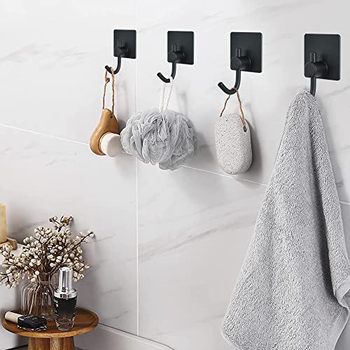 Adhesive Wall Hooks, Matte Black Stainless Steel Coat Hook, Heavy Duty Waterproof Towel Hooks for Hanging, Self-Adhesive Robe Shower Hooks, Bedroom Bathroom Kitchen Wall Mount Hooks - 8 Pack