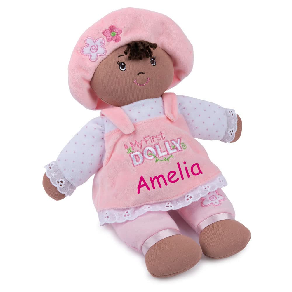 Knextion Inc Personalized First Baby Doll - African American Pink Dolly Stuffed Animal Keepsake with Custom Name