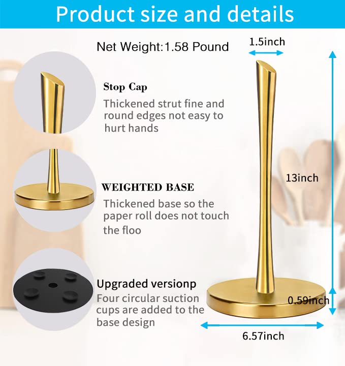 T0SSHPS Paper Towel Holder, Gold Paper Towel Holder, Kitchen Paper Towel Holder Countertop with Suction Cups,Kitchen Paper Towel Holder Made of Stainless Steel Brushed Gold Paper Towel Holder Vertical